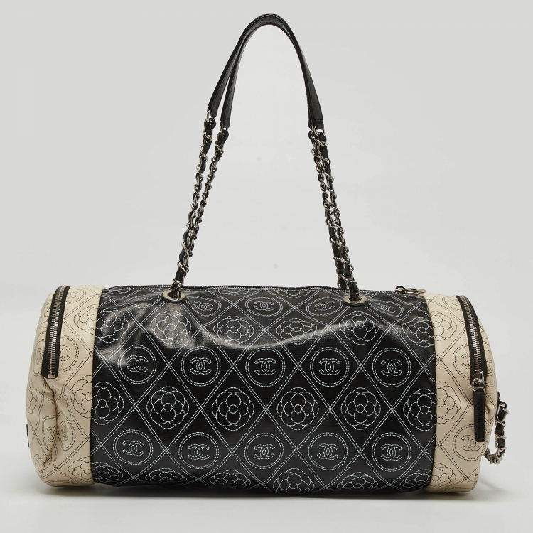 Pre Owned Chanel Black/White Camellia Print Coated Canvas Bowler Bag