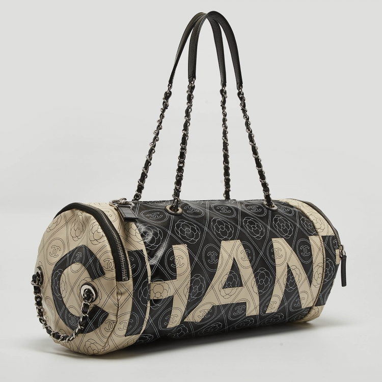 Pre Owned Chanel Black/White Camellia Print Coated Canvas Bowler Bag