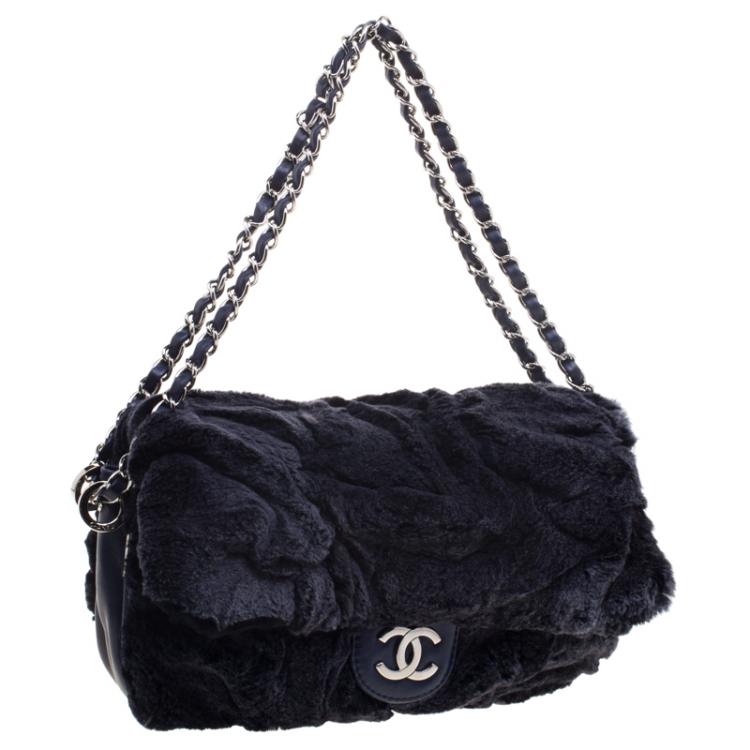Pre Owned Chanel Navy Blue Rabbit Fur and Leather Classic Single Flap Bag
