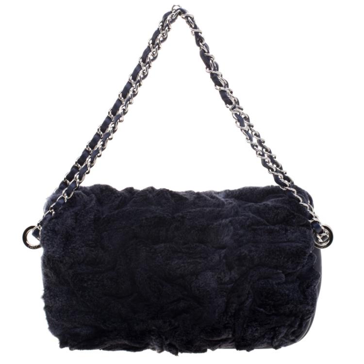 Pre Owned Chanel Navy Blue Rabbit Fur and Leather Classic Single Flap Bag