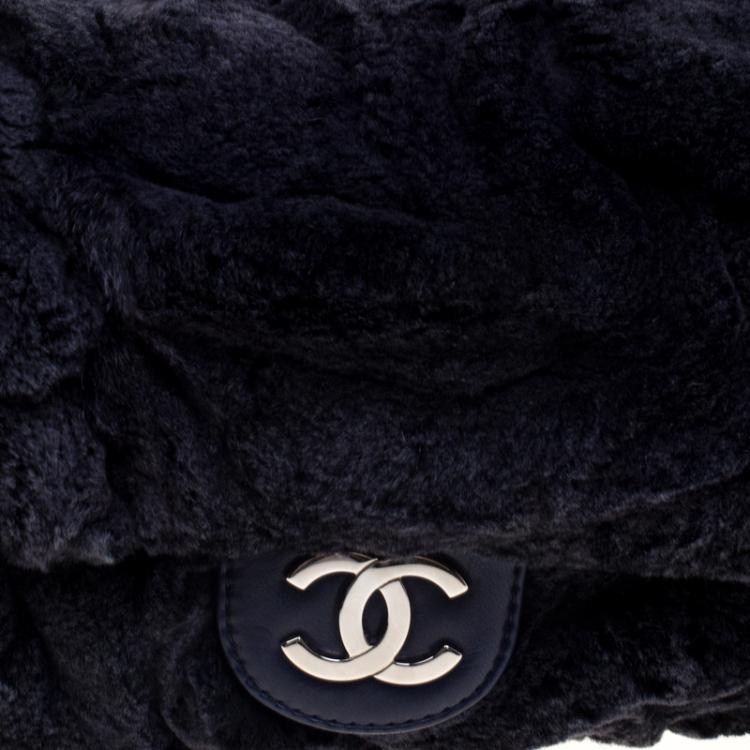 Pre Owned Chanel Navy Blue Rabbit Fur and Leather Classic Single Flap Bag