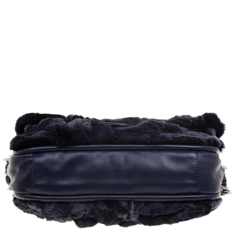 Pre Owned Chanel Navy Blue Rabbit Fur and Leather Classic Single Flap Bag