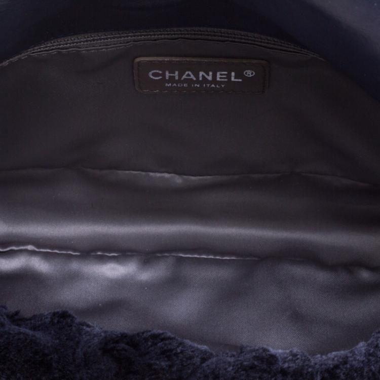 Pre Owned Chanel Navy Blue Rabbit Fur and Leather Classic Single Flap Bag