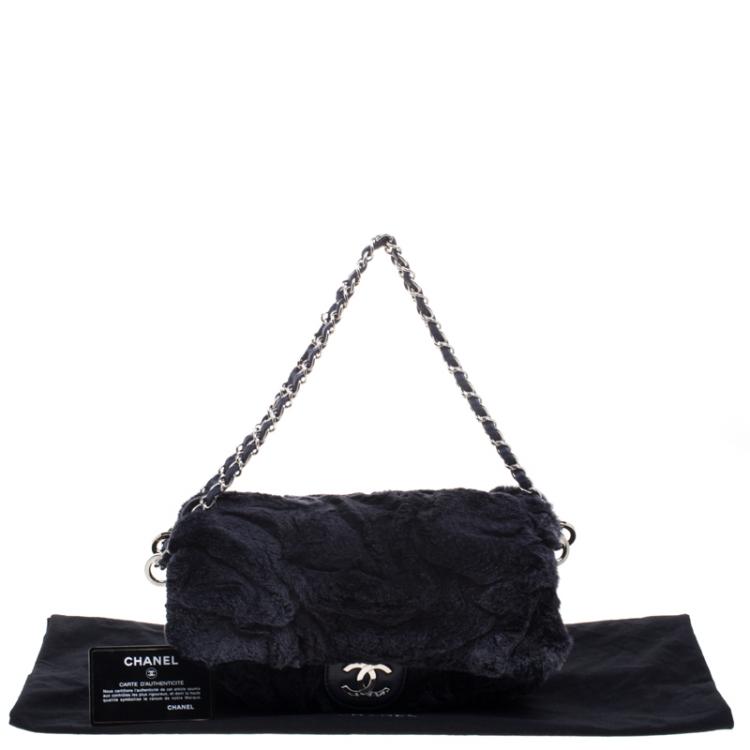 Pre Owned Chanel Navy Blue Rabbit Fur and Leather Classic Single Flap Bag