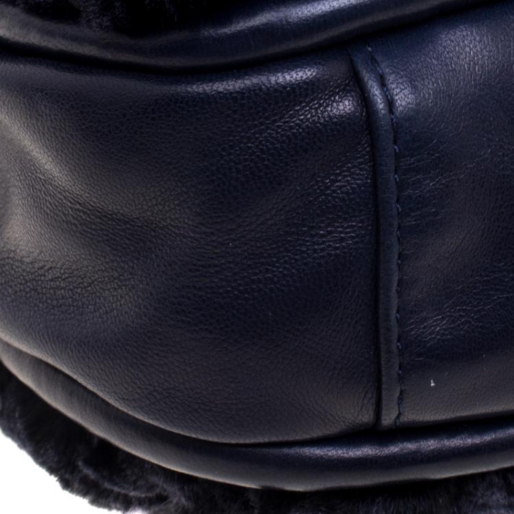 Pre Owned Chanel Navy Blue Rabbit Fur and Leather Classic Single Flap Bag