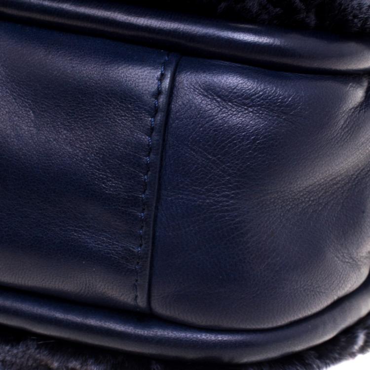 Pre Owned Chanel Navy Blue Rabbit Fur and Leather Classic Single Flap Bag