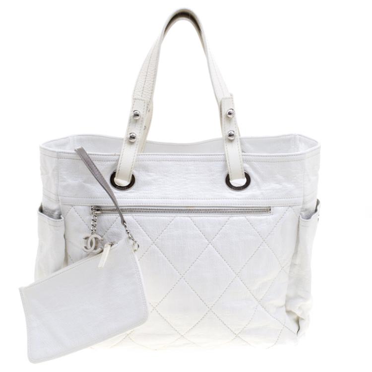 Pre Owned Chanel White Quilted Coated Canvas Large Paris Biarritz Tote
