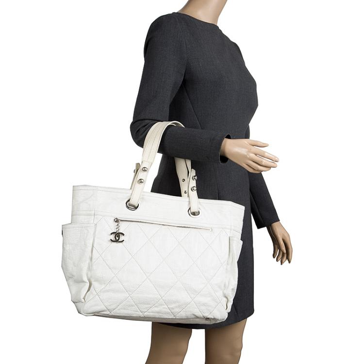 Pre Owned Chanel White Quilted Coated Canvas Large Paris Biarritz Tote