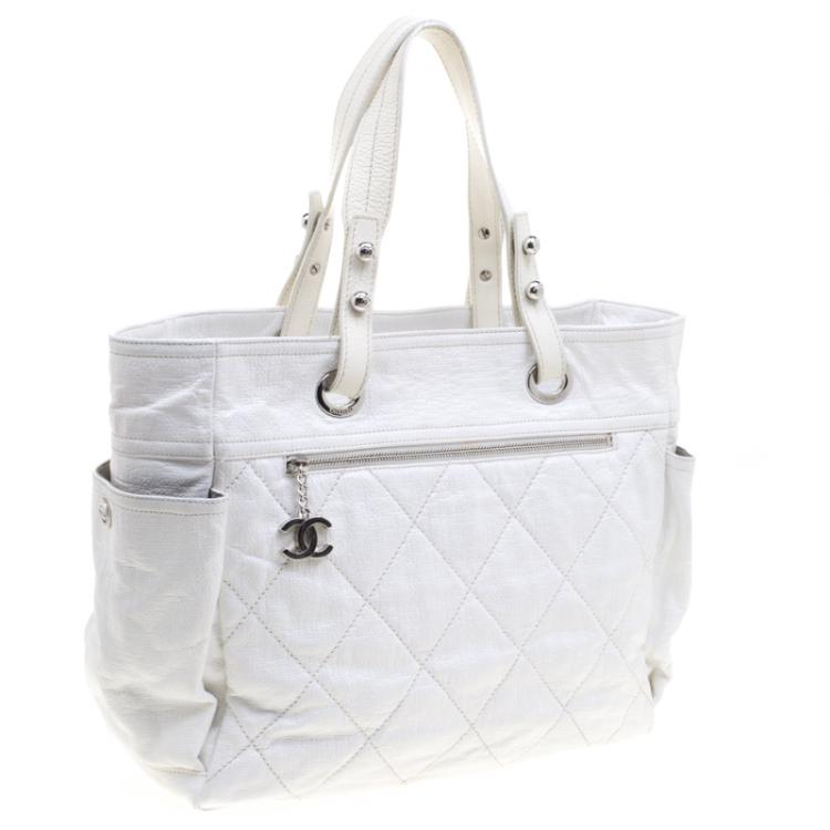 Pre Owned Chanel White Quilted Coated Canvas Large Paris Biarritz Tote