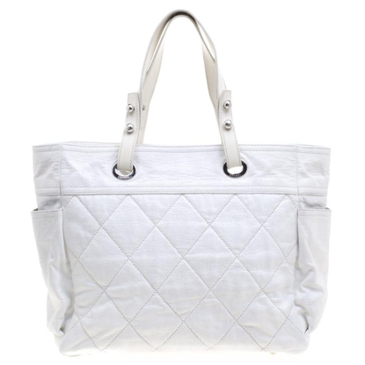 Pre Owned Chanel White Quilted Coated Canvas Large Paris Biarritz Tote