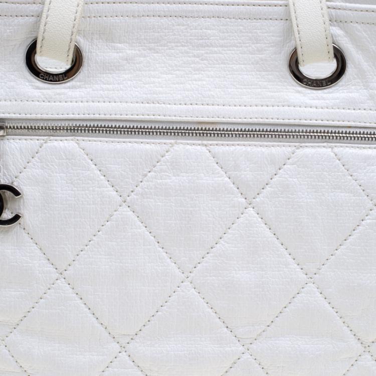 Pre Owned Chanel White Quilted Coated Canvas Large Paris Biarritz Tote