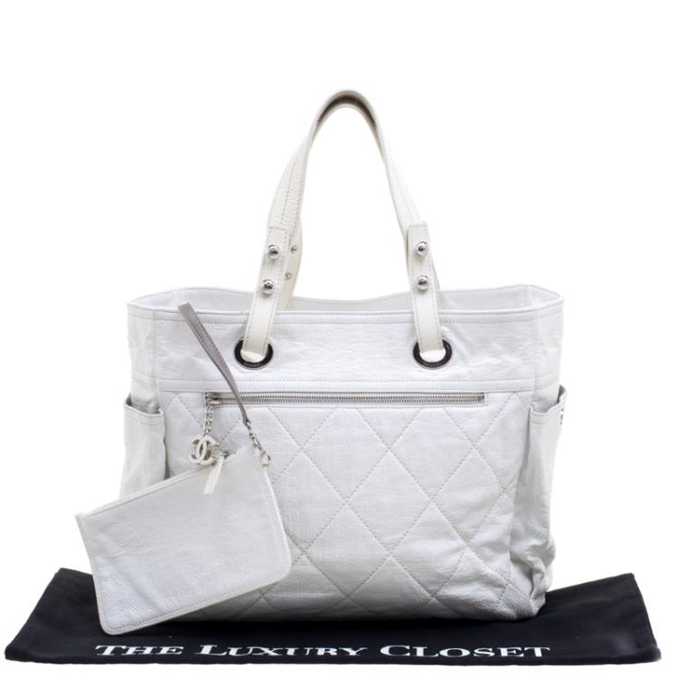 Pre Owned Chanel White Quilted Coated Canvas Large Paris Biarritz Tote