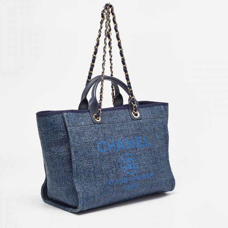 Pre Owned Chanel Metallic Blue Straw and Leather Medium Deauville Shopper Tote
