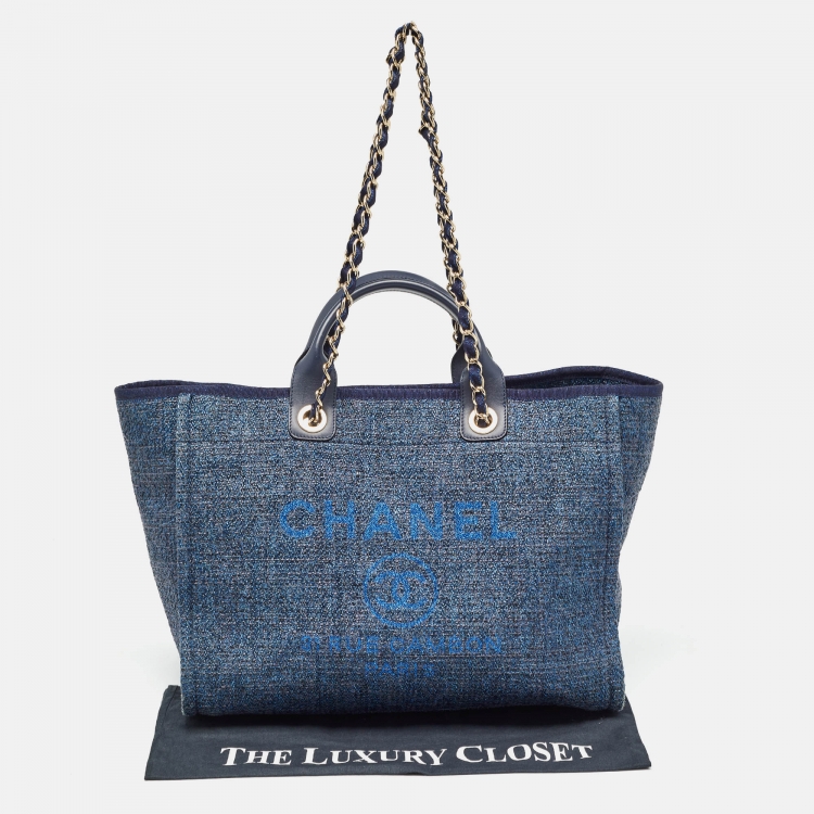 Pre Owned Chanel Metallic Blue Straw and Leather Medium Deauville Shopper Tote