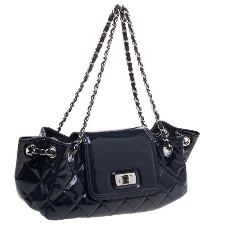 Pre Owned Chanel Navy Blue Quilted Patent Leather Reissue Accordion Flap Bag