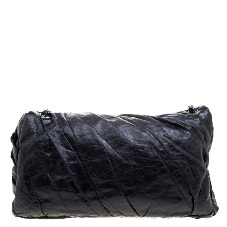 Pre Owned Chanel Black Pleated Leather Oversized Classic Flap Bag