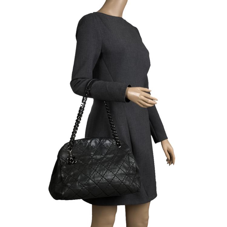 Pre Owned Chanel Black Quilted Iridescent Leather Just Mademoiselle Bowling Bag