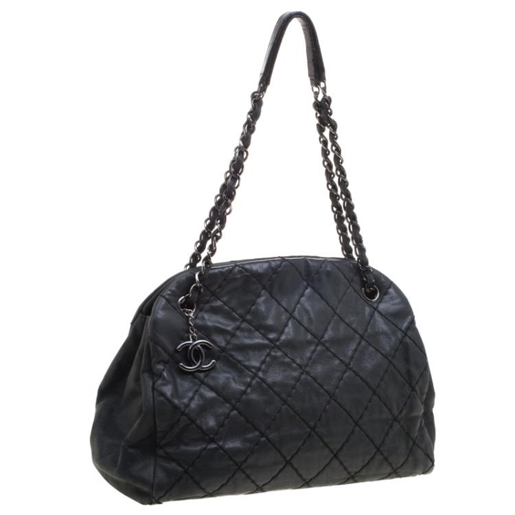Pre Owned Chanel Black Quilted Iridescent Leather Just Mademoiselle Bowling Bag