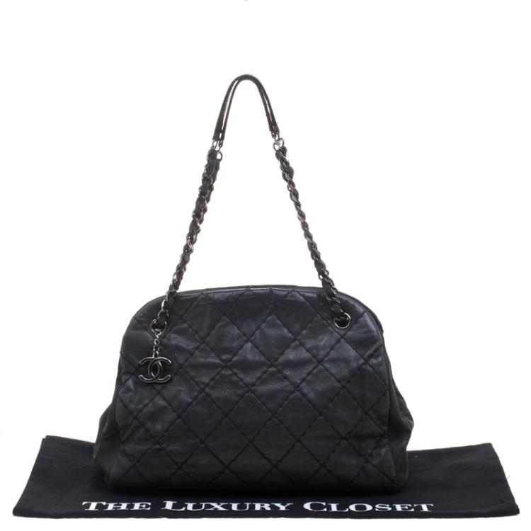 Pre Owned Chanel Black Quilted Iridescent Leather Just Mademoiselle Bowling Bag