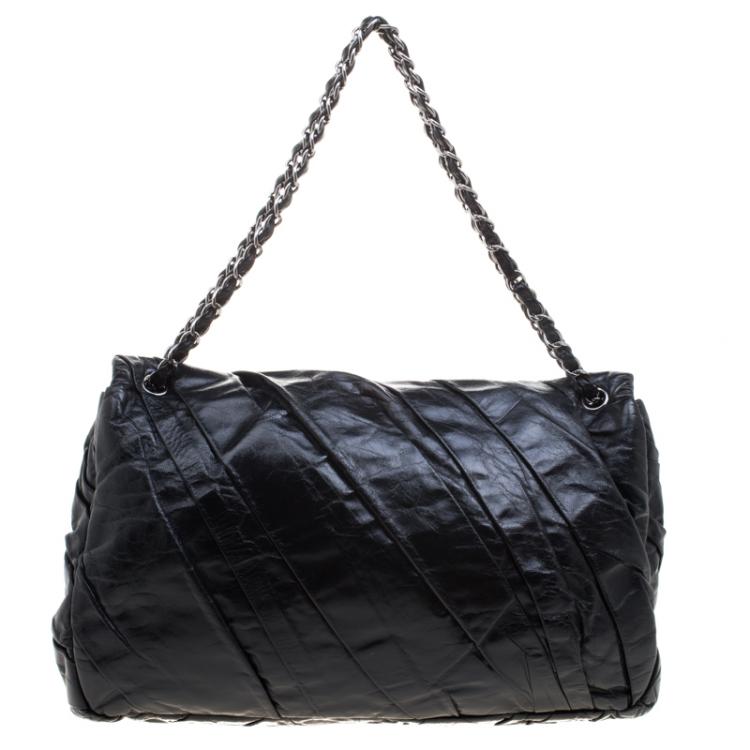 Pre Owned Chanel Black Pleated Leather Oversized Classic Flap Bag