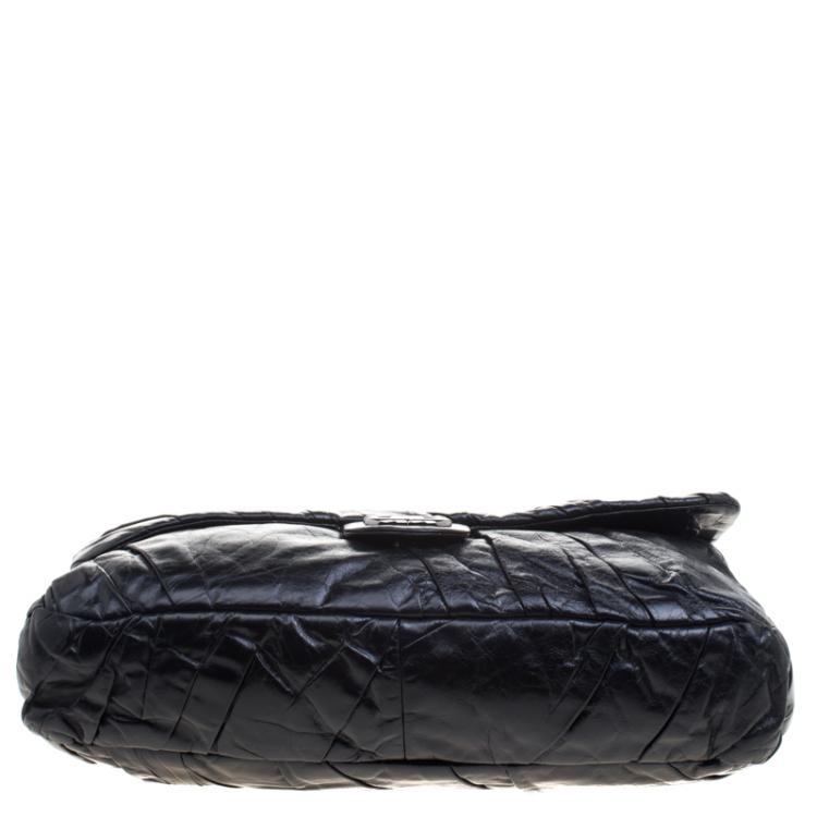Pre Owned Chanel Black Pleated Leather Oversized Classic Flap Bag
