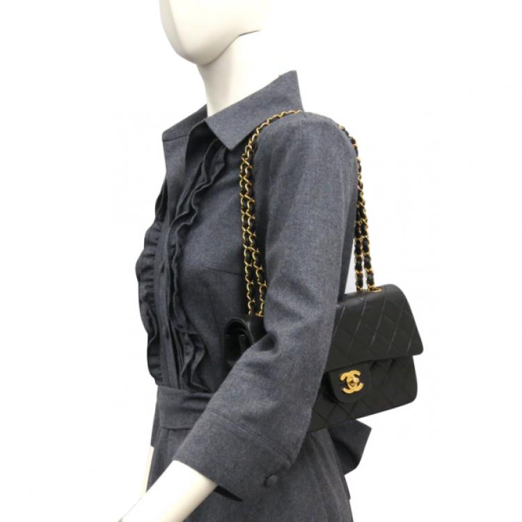 Chanel Black Lamb Skin Leather Double Shoulder Flap Bag Small Chanel