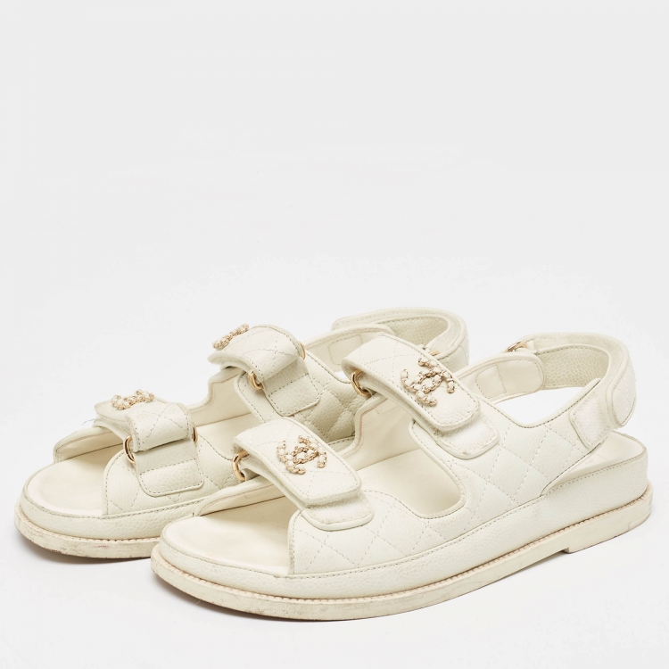 Chanel White Quilted Leather Dad CC Velcro Strap Flat