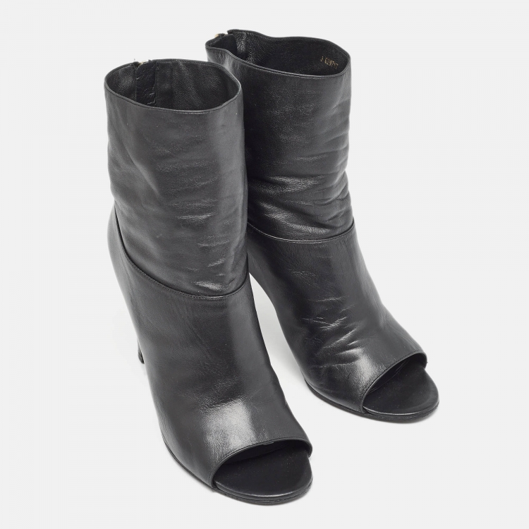 Pre Owned Chanel Black Leather Pearl Embellished Heel Open Toe Ankle Booties Size 39