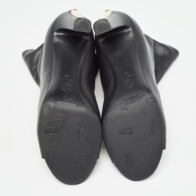 Pre Owned Chanel Black Leather Pearl Embellished Heel Open Toe Ankle Booties Size 39