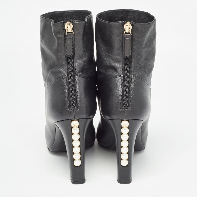 Pre Owned Chanel Black Leather Pearl Embellished Heel Open Toe Ankle Booties Size 39