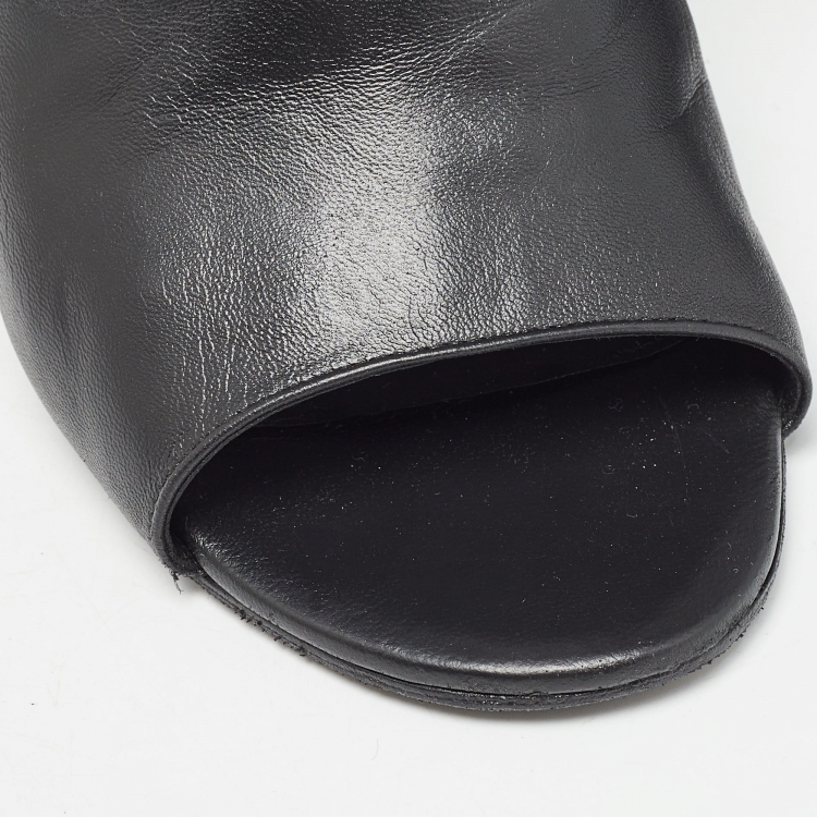 Pre Owned Chanel Black Leather Pearl Embellished Heel Open Toe Ankle Booties Size 39