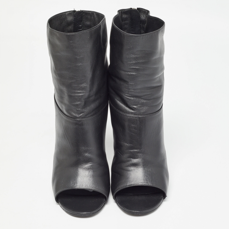 Pre Owned Chanel Black Leather Pearl Embellished Heel Open Toe Ankle Booties Size 39