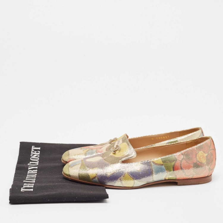 Pre Owned Chanel Multicolor Floral Print Glitter Lame Fabric CC Smoking Slippers Size 37.5