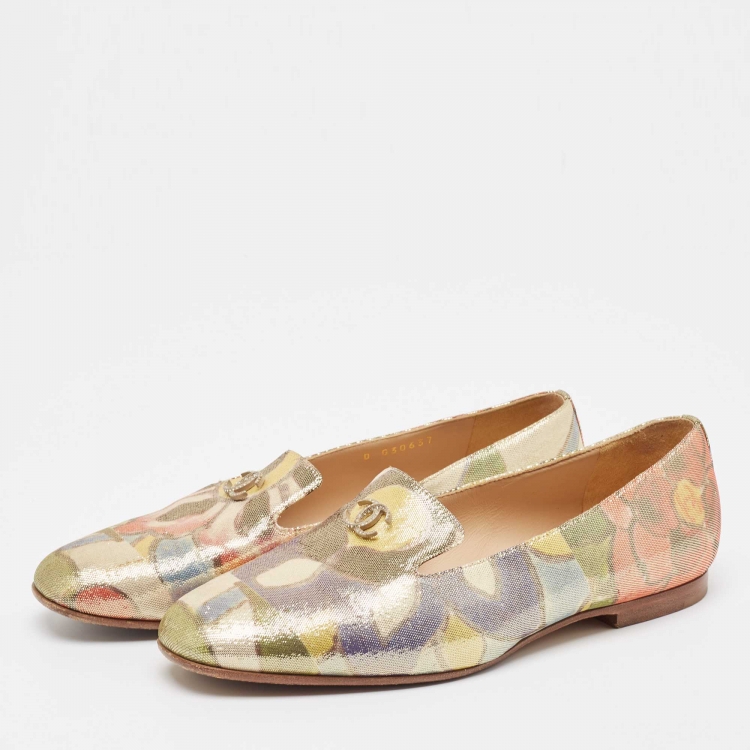 Pre Owned Chanel Multicolor Floral Print Glitter Lame Fabric CC Smoking Slippers Size 37.5