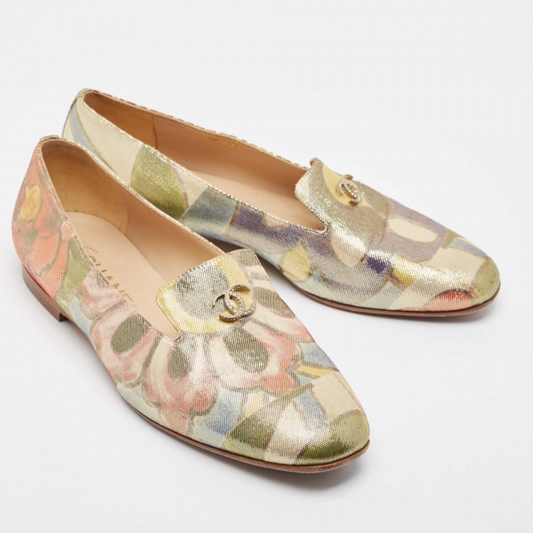 Pre Owned Chanel Multicolor Floral Print Glitter Lame Fabric CC Smoking Slippers Size 37.5