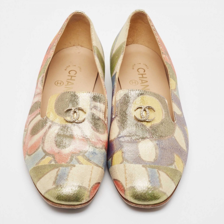 Pre Owned Chanel Multicolor Floral Print Glitter Lame Fabric CC Smoking Slippers Size 37.5