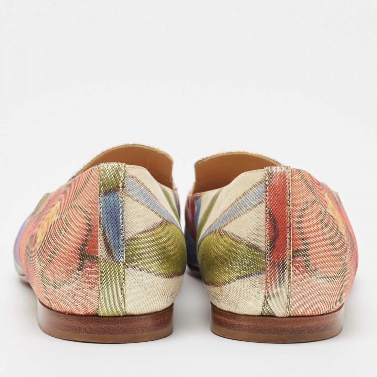 Pre Owned Chanel Multicolor Floral Print Glitter Lame Fabric CC Smoking Slippers Size 37.5