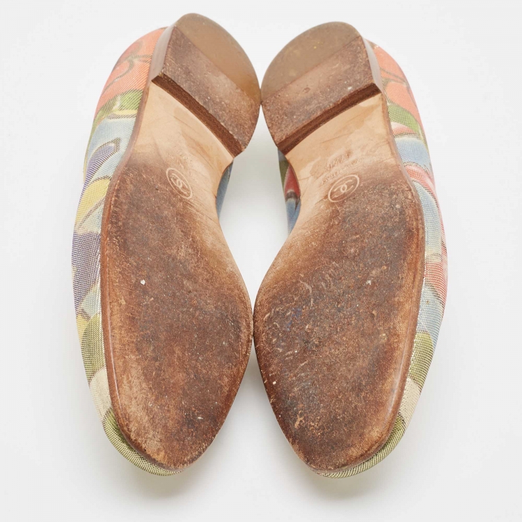 Pre Owned Chanel Multicolor Floral Print Glitter Lame Fabric CC Smoking Slippers Size 37.5