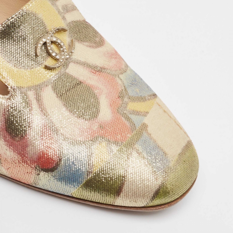 Pre Owned Chanel Multicolor Floral Print Glitter Lame Fabric CC Smoking Slippers Size 37.5