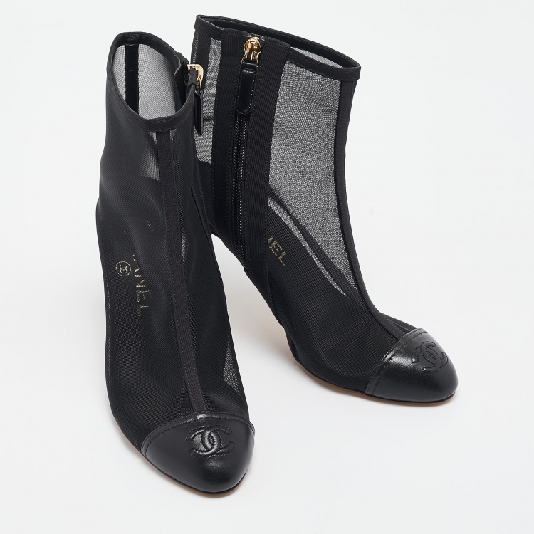 Pre Owned Chanel Black Leather and Mesh CC Cap Toe Ankle Booties Size 36