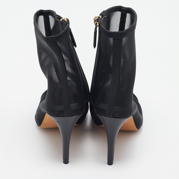 Pre Owned Chanel Black Leather and Mesh CC Cap Toe Ankle Booties Size 36