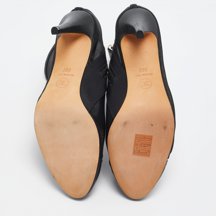 Pre Owned Chanel Black Leather and Mesh CC Cap Toe Ankle Booties Size 36