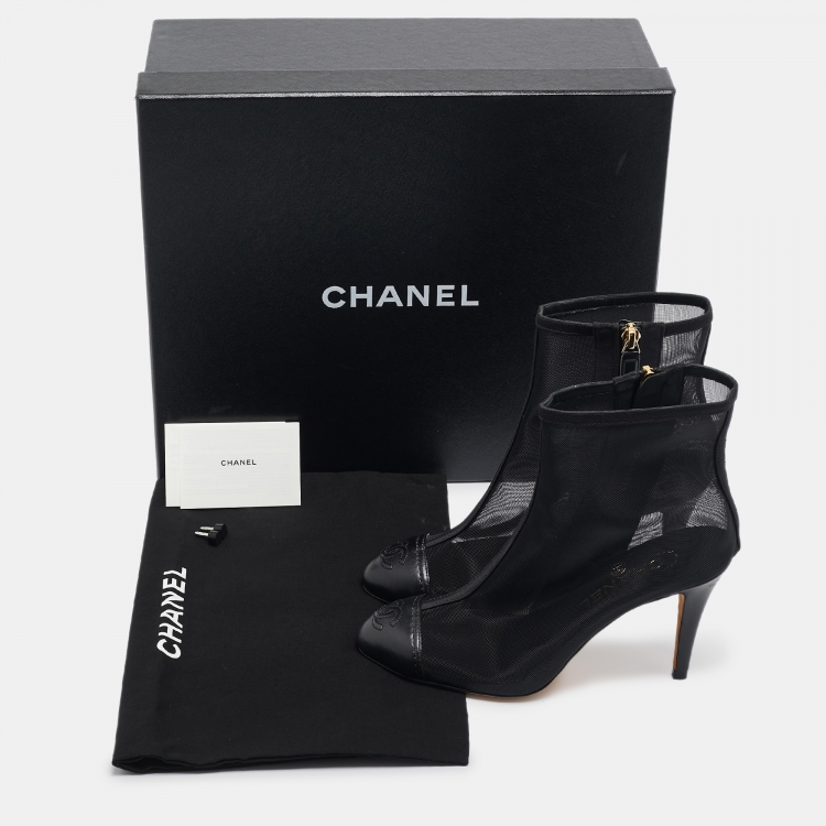 Pre Owned Chanel Black Leather and Mesh CC Cap Toe Ankle Booties Size 36