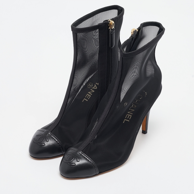 Pre Owned Chanel Black Leather and Mesh CC Cap Toe Ankle Booties Size 36