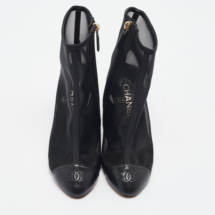 Pre Owned Chanel Black Leather and Mesh CC Cap Toe Ankle Booties Size 36