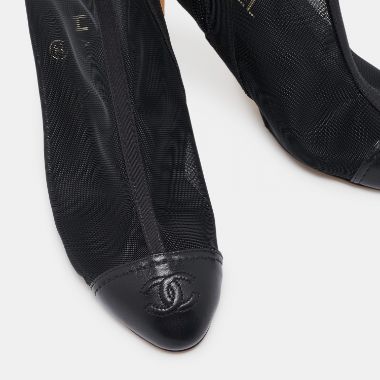 Pre Owned Chanel Black Leather and Mesh CC Cap Toe Ankle Booties Size 36