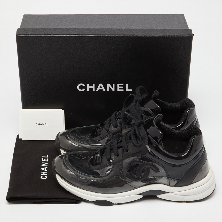 Pre Owned Chanel Black Patent Leather and PVC CC Low Top Sneakers Size 38.5
