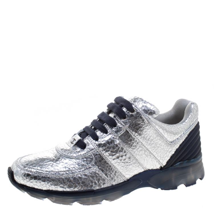 Chanel Metallic Silver Cracked Leather Sneakers Size  Chanel | TLC