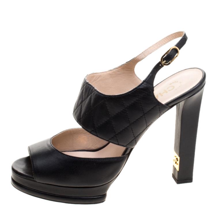 CHANEL Fabric Quilted CC Logo Platform Sandals 36 Black 1311720