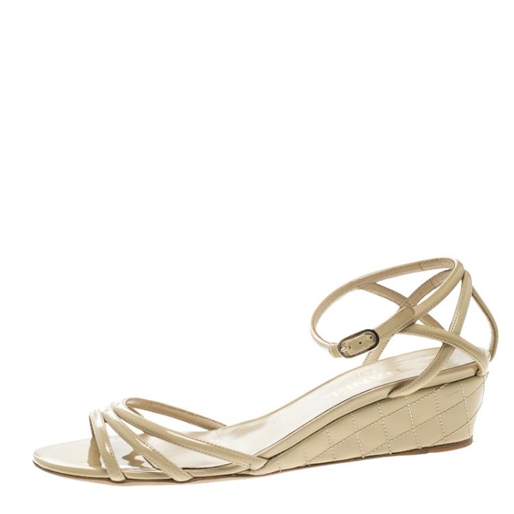 Chanel Beige Patent Leather Ankle Strap Quilted Wedge Open Toe